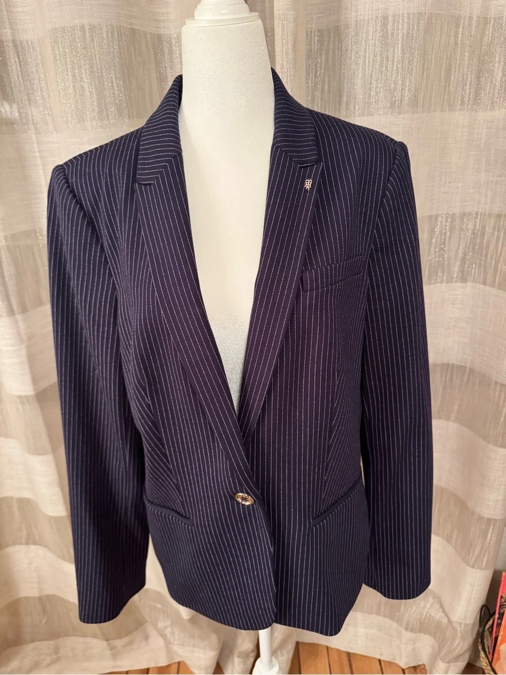 Tommy Hilfiger Navy Pinstripe Blazer with Elbow Patches - Picture 2 of 12